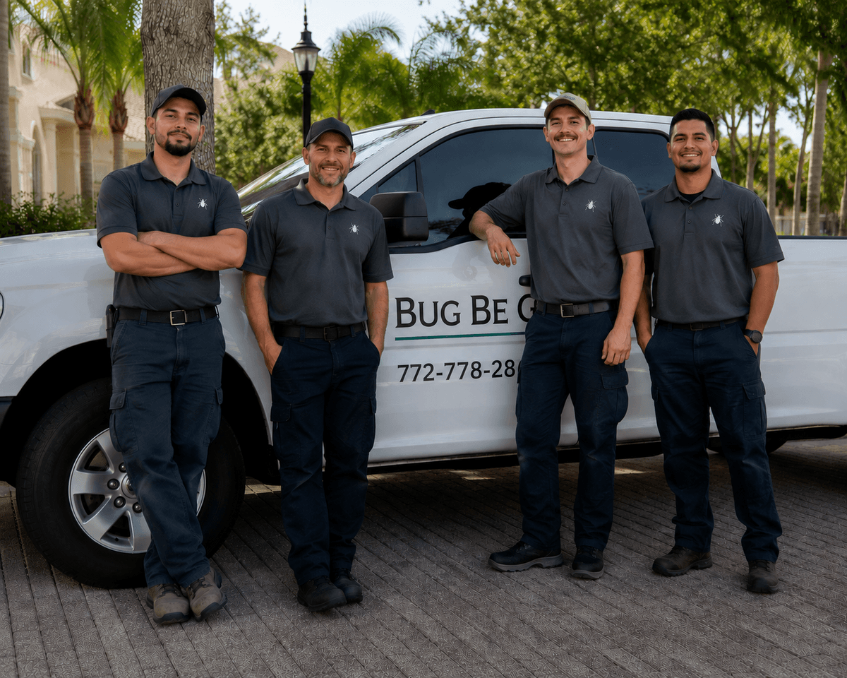 Florida pest control technicians in uniform standing in front of a branded service truck